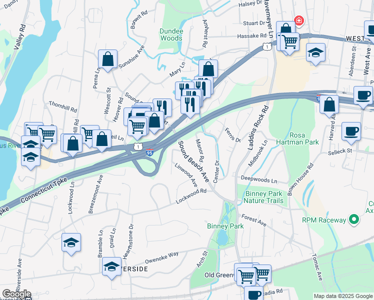 map of restaurants, bars, coffee shops, grocery stores, and more near 22 Sound Beach Avenue in Greenwich