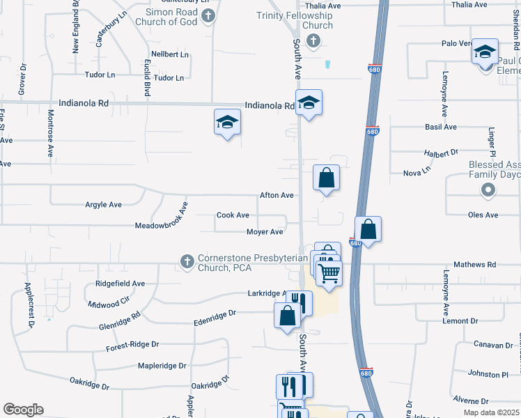 map of restaurants, bars, coffee shops, grocery stores, and more near 904 Cook Avenue in Youngstown