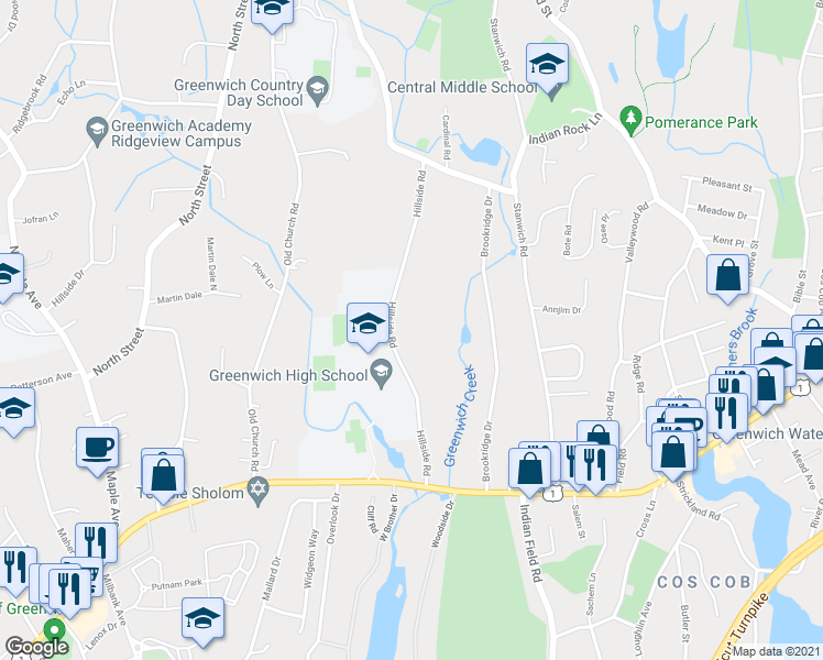 map of restaurants, bars, coffee shops, grocery stores, and more near 33 Hillside Road in Greenwich