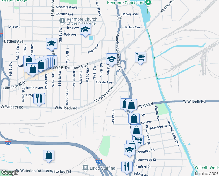 map of restaurants, bars, coffee shops, grocery stores, and more near 2277 5th Street Southwest in Akron