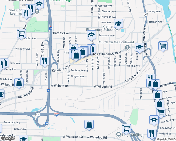 map of restaurants, bars, coffee shops, grocery stores, and more near 2283 14th Street Southwest in Akron