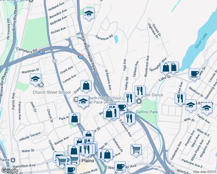 map of restaurants, bars, coffee shops, grocery stores, and more near 99 North Kensico Avenue in White Plains