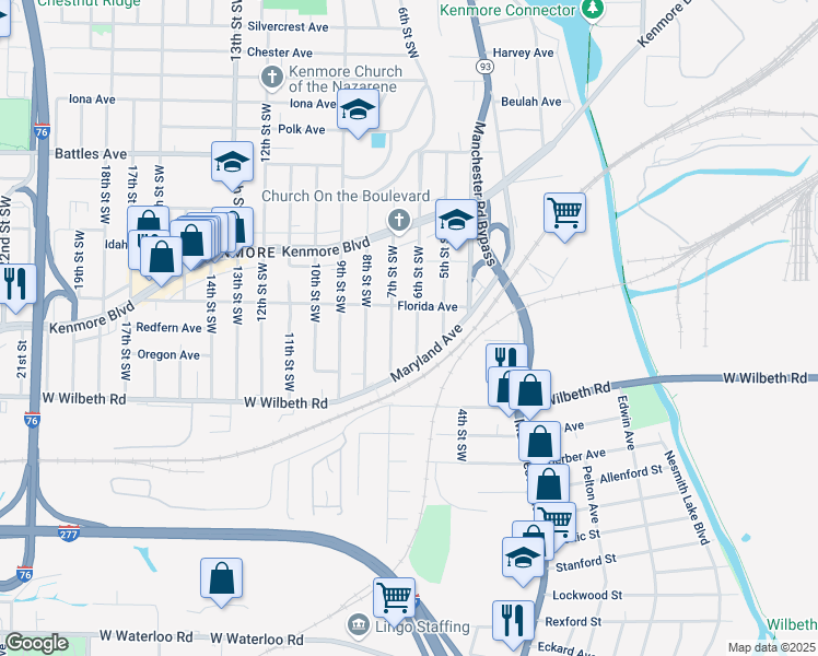 map of restaurants, bars, coffee shops, grocery stores, and more near 2280 6th Street Southwest in Akron