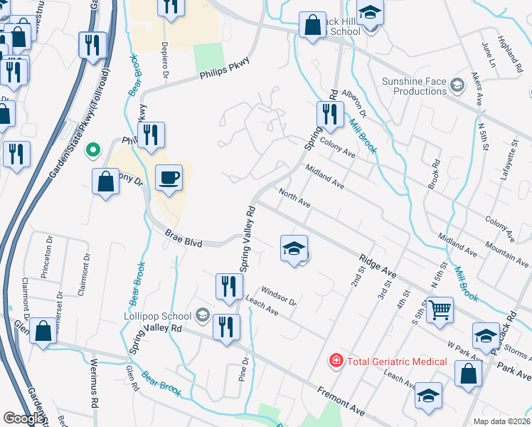 map of restaurants, bars, coffee shops, grocery stores, and more near 176 Spring Valley Road in Park Ridge