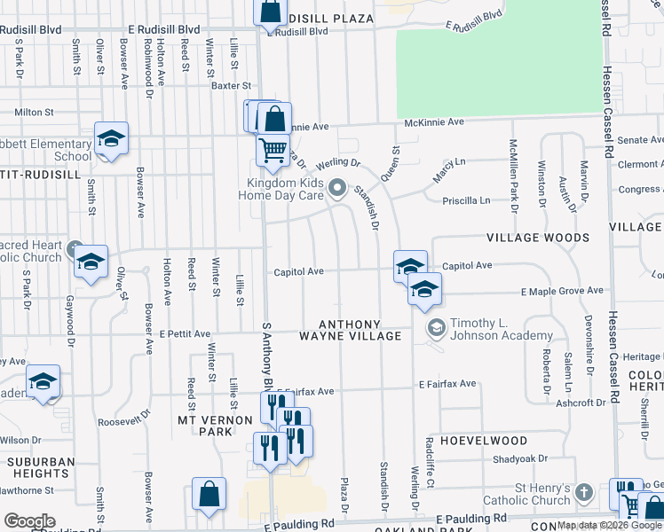 map of restaurants, bars, coffee shops, grocery stores, and more near 4514 Plaza Dr in Fort Wayne
