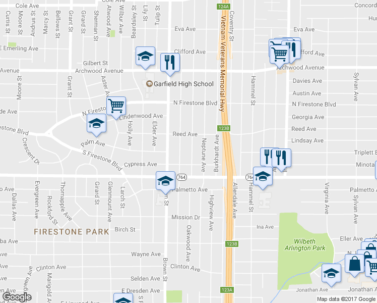 map of restaurants, bars, coffee shops, grocery stores, and more near 1454 Oakwood Ave in Akron