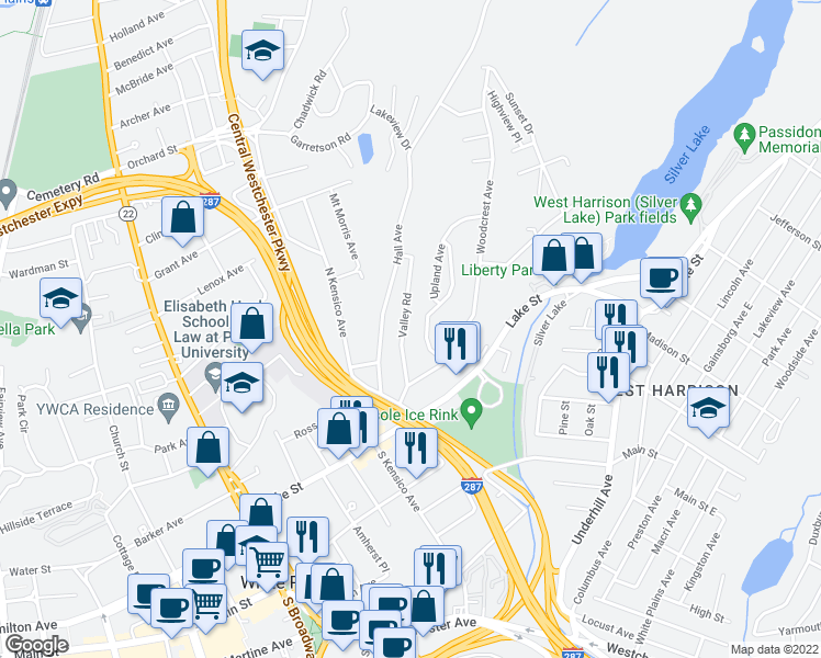 map of restaurants, bars, coffee shops, grocery stores, and more near 50 Valley Road in White Plains