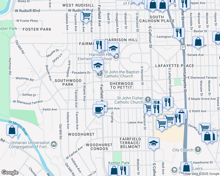 map of restaurants, bars, coffee shops, grocery stores, and more near 440 West Fleming Avenue in Fort Wayne