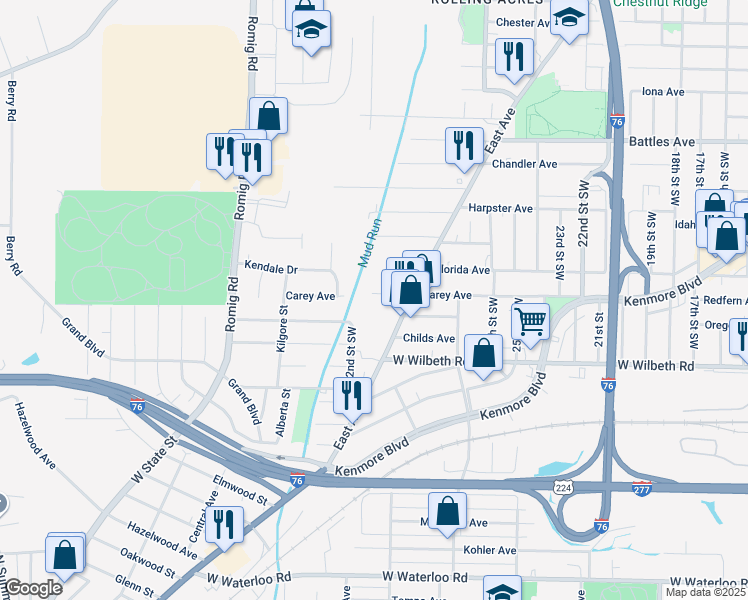 map of restaurants, bars, coffee shops, grocery stores, and more near 1342 Carey Avenue in Akron