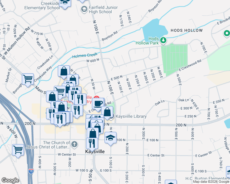 map of restaurants, bars, coffee shops, grocery stores, and more near 422 N 100 E in Kaysville