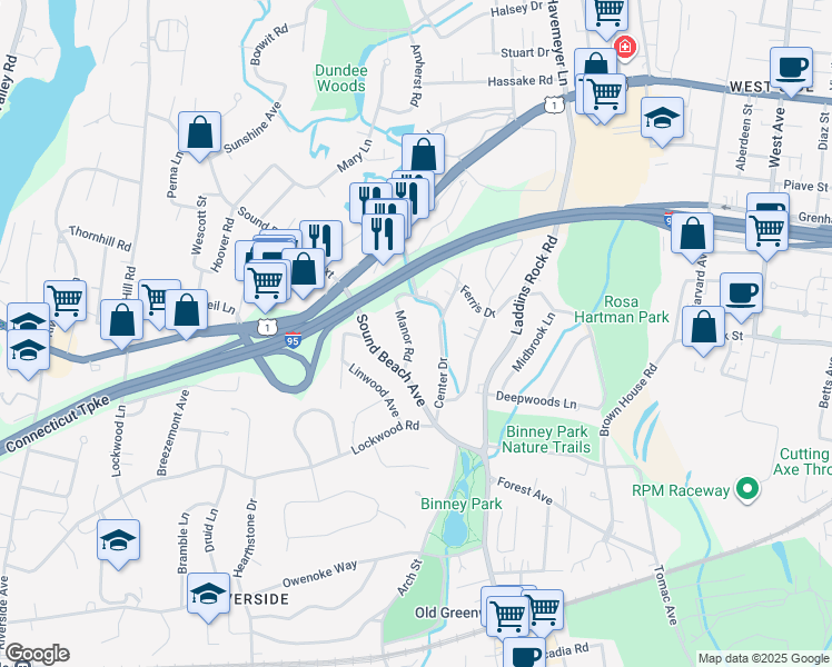 map of restaurants, bars, coffee shops, grocery stores, and more near 17 Manor Road in Greenwich