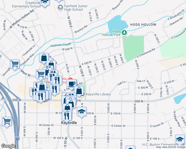 map of restaurants, bars, coffee shops, grocery stores, and more near 410 N 150 E in Kaysville