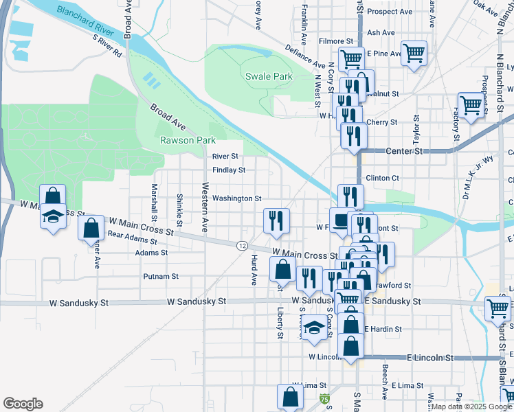 map of restaurants, bars, coffee shops, grocery stores, and more near 431 Washington St in Findlay