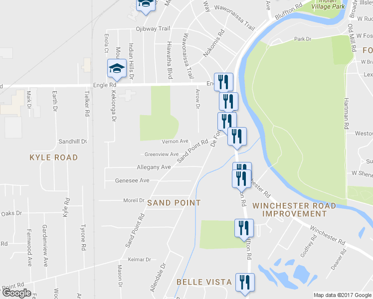map of restaurants, bars, coffee shops, grocery stores, and more near 2402 Sand Point Rd in Fort Wayne