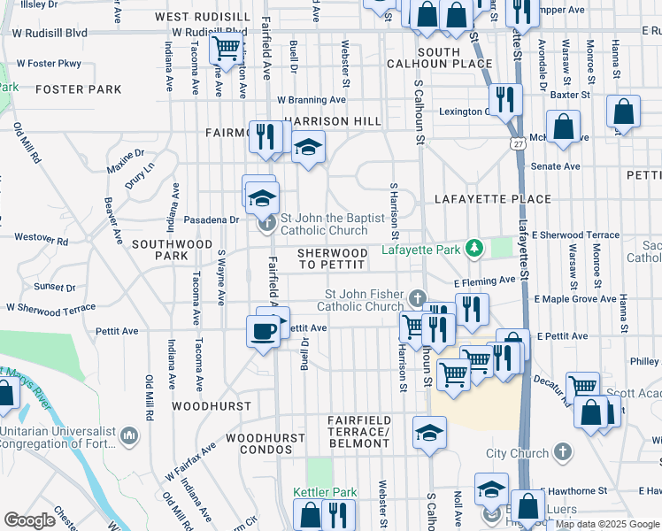 map of restaurants, bars, coffee shops, grocery stores, and more near 346 West Fleming Avenue in Fort Wayne
