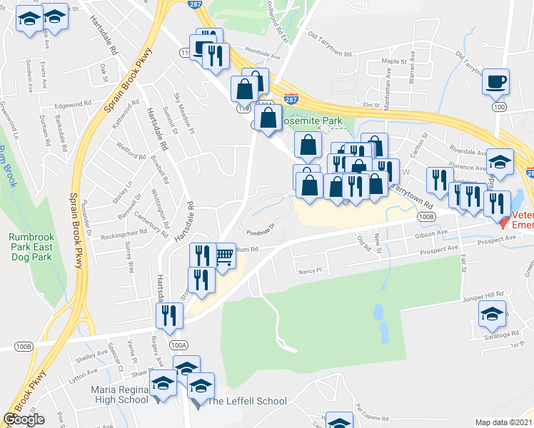 map of restaurants, bars, coffee shops, grocery stores, and more near 808 Pondside Drive in White Plains