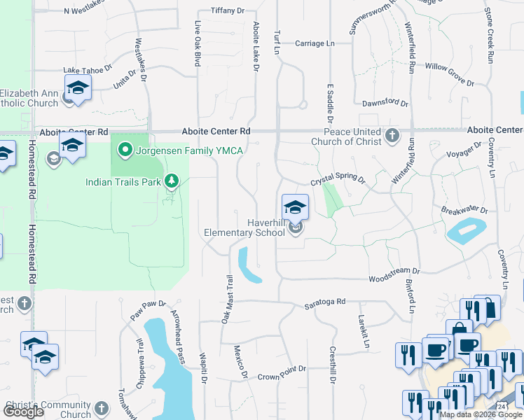 map of restaurants, bars, coffee shops, grocery stores, and more near 4603 Aboite Lake Dr in Fort Wayne