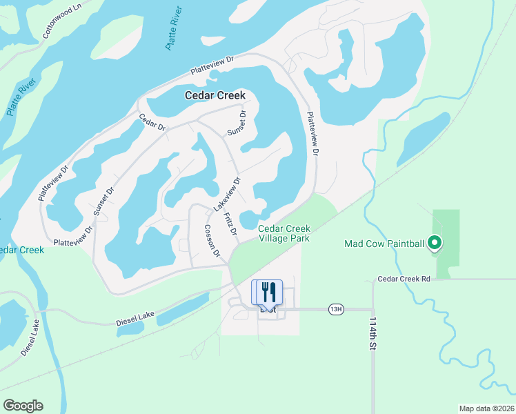 map of restaurants, bars, coffee shops, grocery stores, and more near 110 Minnow Lane in Cedar Creek
