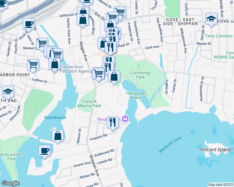 map of restaurants, bars, coffee shops, grocery stores, and more near 14 Ingall Street in Stamford