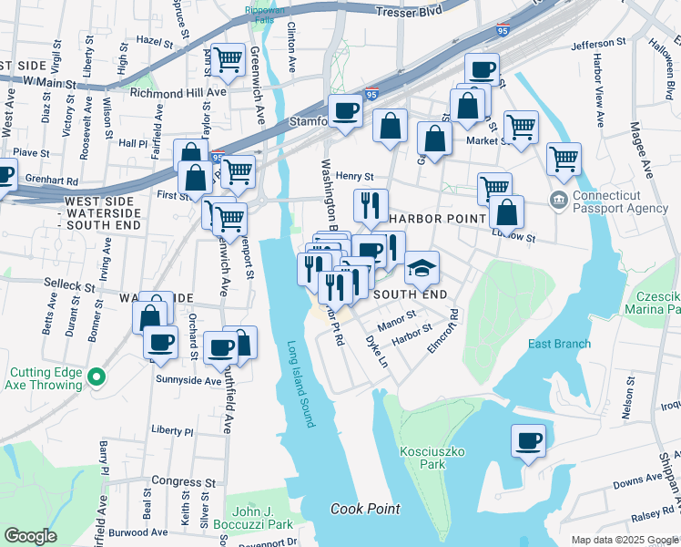 map of restaurants, bars, coffee shops, grocery stores, and more near in Stamford