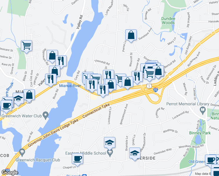 map of restaurants, bars, coffee shops, grocery stores, and more near 12 Apache Place in Greenwich