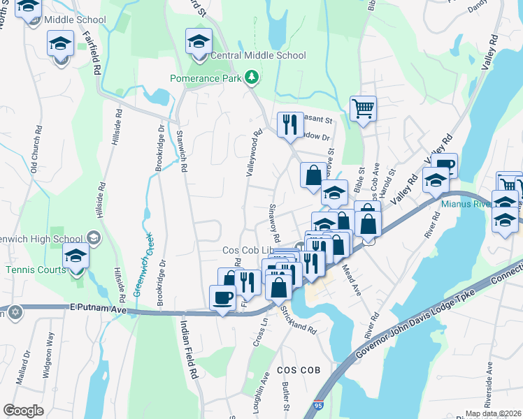 map of restaurants, bars, coffee shops, grocery stores, and more near 46 Sinawoy Road in Greenwich