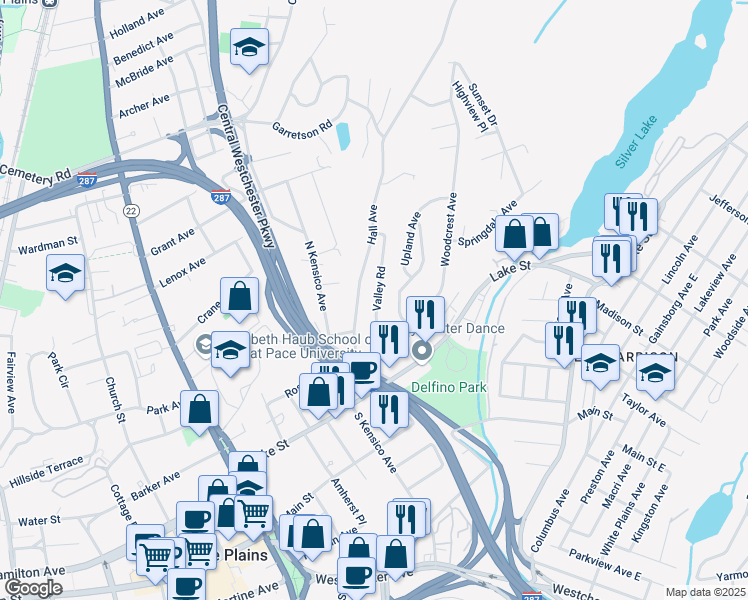 map of restaurants, bars, coffee shops, grocery stores, and more near 50 Valley Road in White Plains