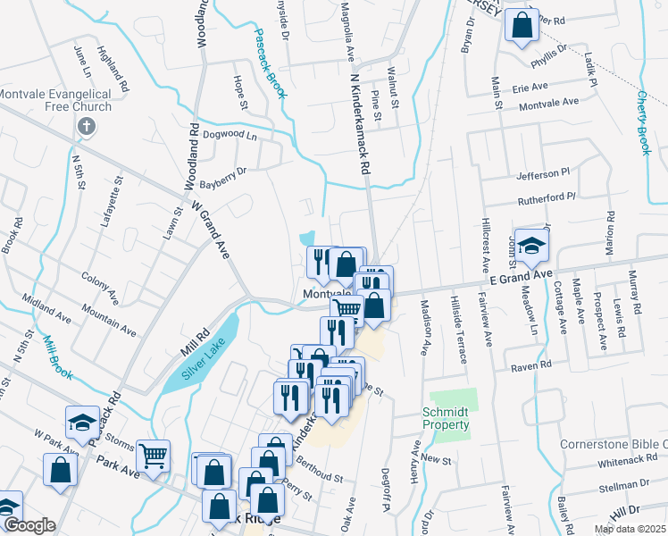 map of restaurants, bars, coffee shops, grocery stores, and more near 179 Nottingham Court in Montvale