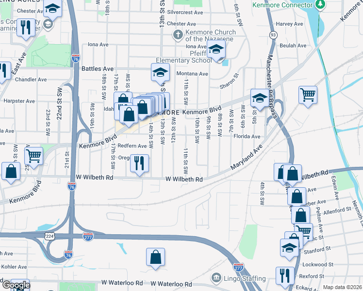 map of restaurants, bars, coffee shops, grocery stores, and more near 2277 11th Street Southwest in Akron