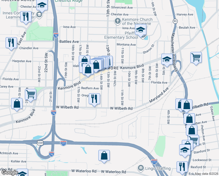 map of restaurants, bars, coffee shops, grocery stores, and more near 2280 12th Street Southwest in Akron
