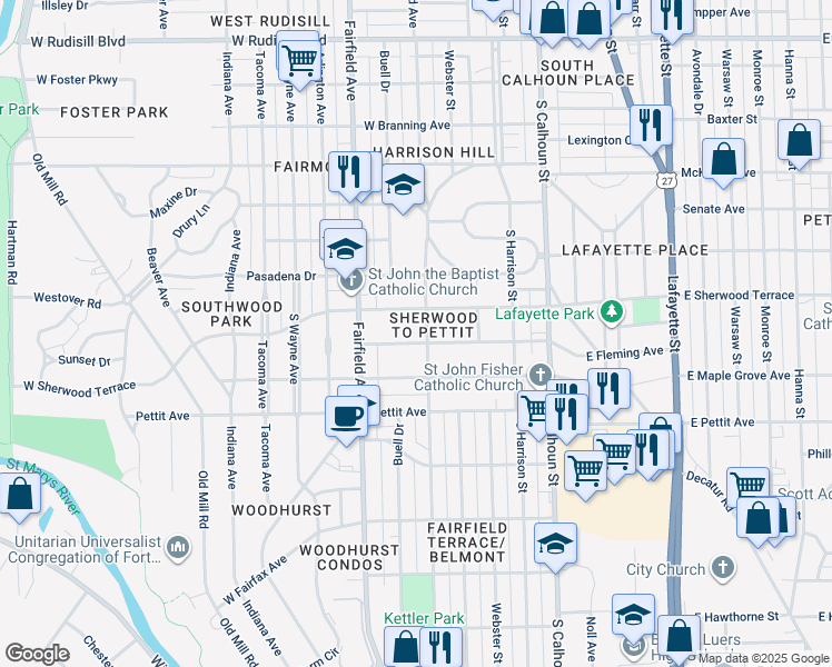 map of restaurants, bars, coffee shops, grocery stores, and more near 346 West Fleming Avenue in Fort Wayne