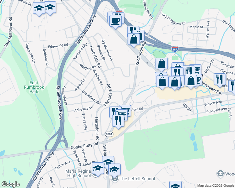 map of restaurants, bars, coffee shops, grocery stores, and more near 24 Old Knollwood Road in White Plains
