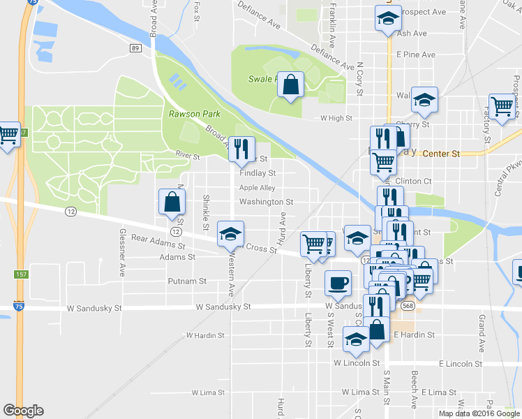 map of restaurants, bars, coffee shops, grocery stores, and more near 527 Washington St in Findlay