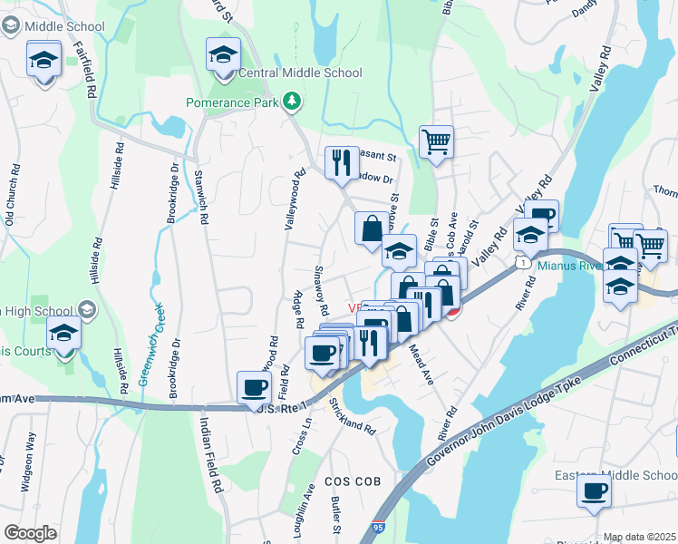 map of restaurants, bars, coffee shops, grocery stores, and more near 10 Tremont Street in Greenwich