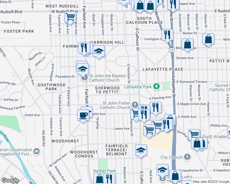 map of restaurants, bars, coffee shops, grocery stores, and more near 302 West Fleming Avenue in Fort Wayne