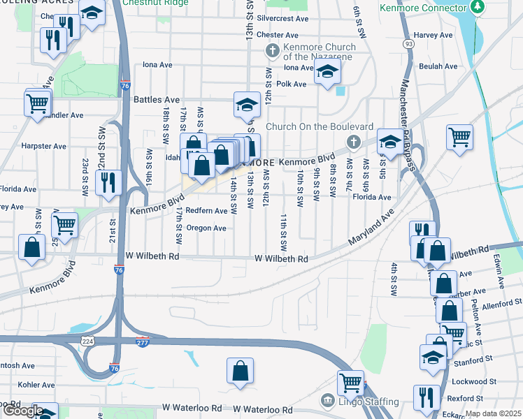 map of restaurants, bars, coffee shops, grocery stores, and more near 2280 12th Street Southwest in Akron