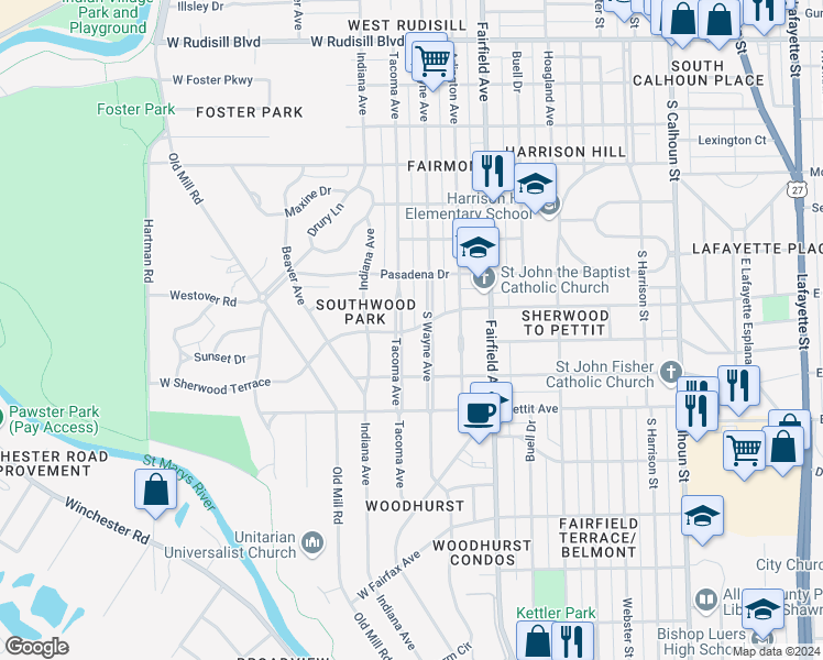 map of restaurants, bars, coffee shops, grocery stores, and more near 799 West Sherwood Terrace in Fort Wayne