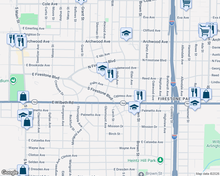 map of restaurants, bars, coffee shops, grocery stores, and more near 1525 Aster Ave in Akron