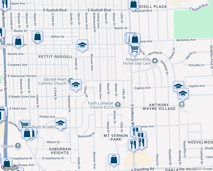 map of restaurants, bars, coffee shops, grocery stores, and more near 4720 Reed Street in Fort Wayne