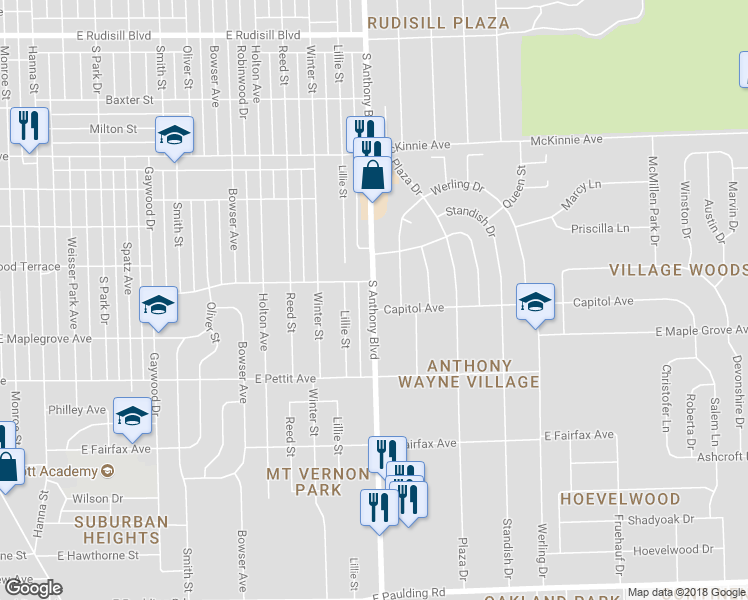 map of restaurants, bars, coffee shops, grocery stores, and more near 4716 South Anthony Boulevard in Fort Wayne