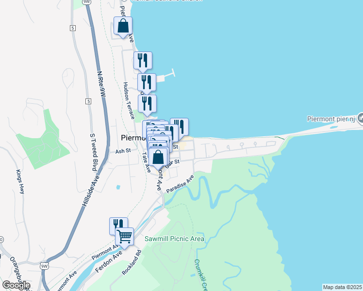 map of restaurants, bars, coffee shops, grocery stores, and more near 5 Roundhouse Road in Piermont