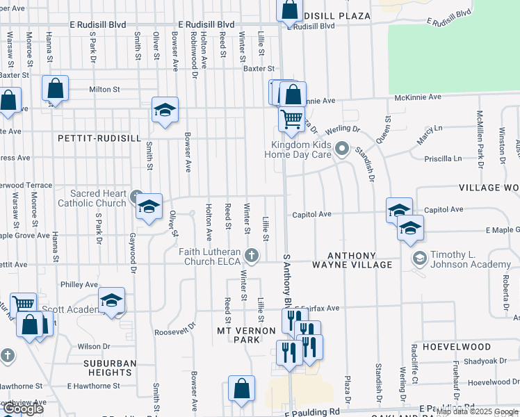 map of restaurants, bars, coffee shops, grocery stores, and more near 4716 Lillie Street in Fort Wayne