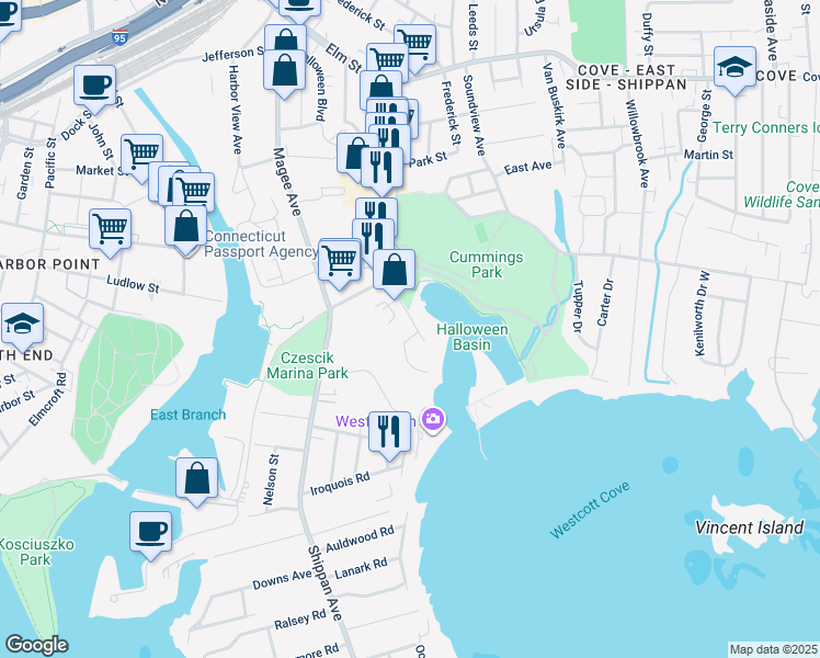 map of restaurants, bars, coffee shops, grocery stores, and more near 14 Ingall Street in Stamford