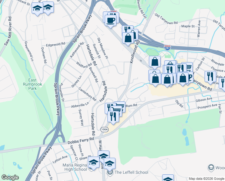 map of restaurants, bars, coffee shops, grocery stores, and more near 24 Old Knollwood Road in White Plains