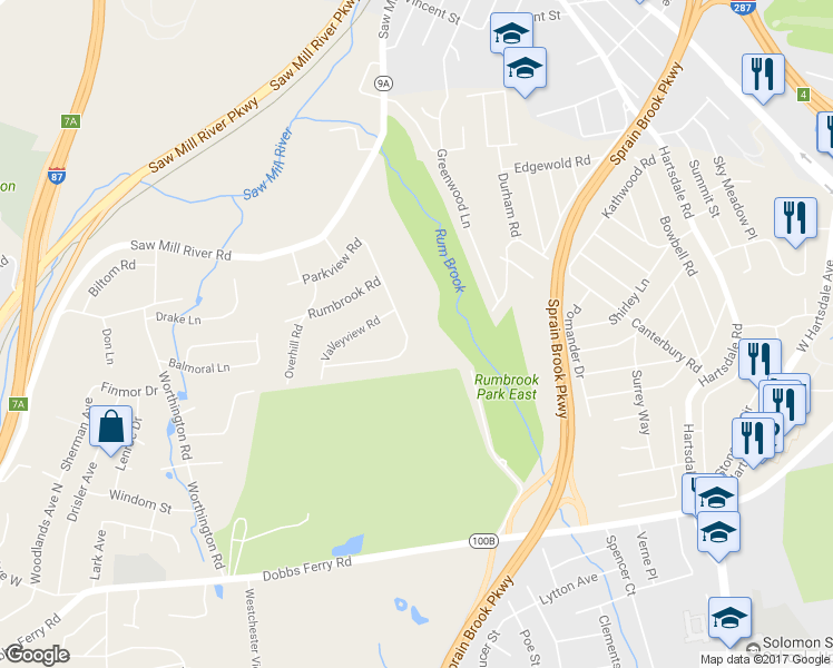 map of restaurants, bars, coffee shops, grocery stores, and more near 111 Parkview Road in Elmsford