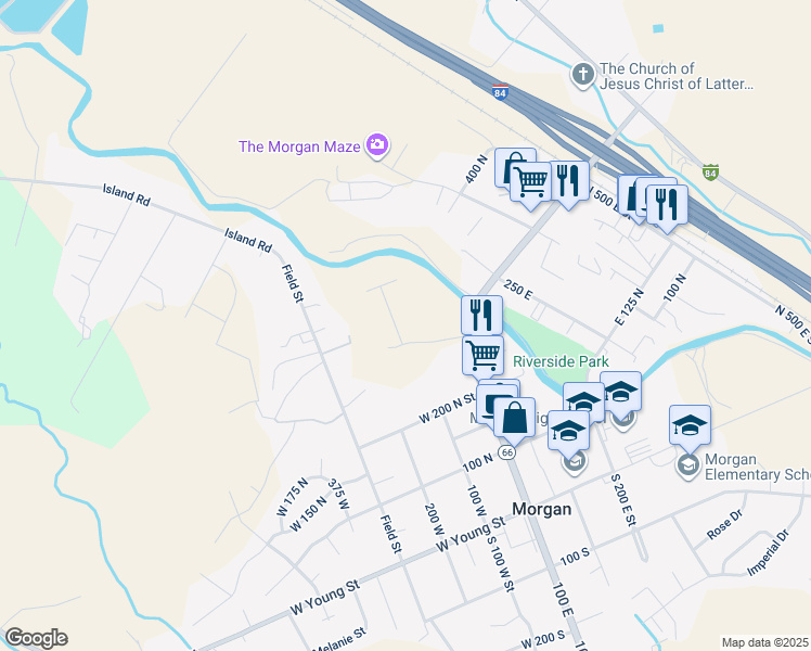 map of restaurants, bars, coffee shops, grocery stores, and more near 286 North 100 West in Morgan