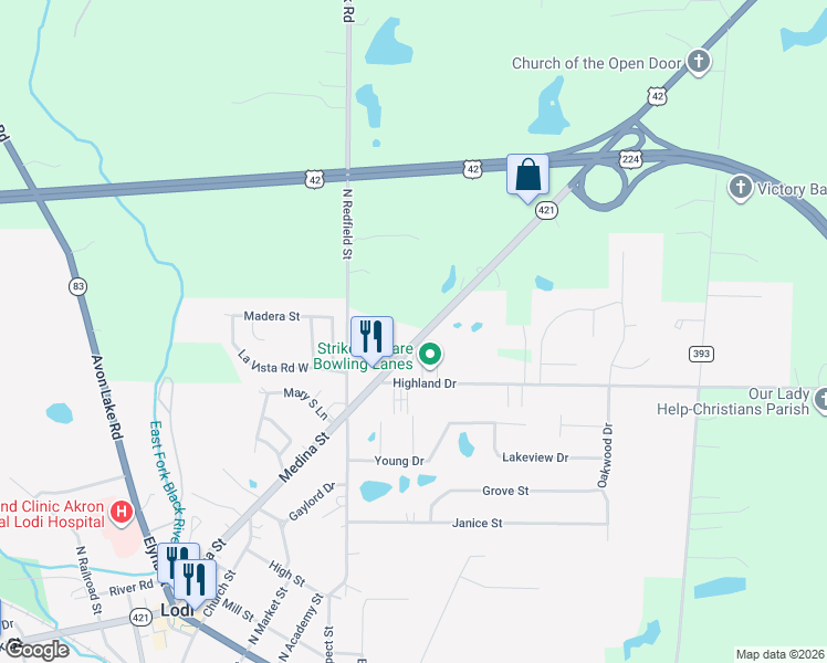 map of restaurants, bars, coffee shops, grocery stores, and more near 8504 Lafayette Road in Lodi