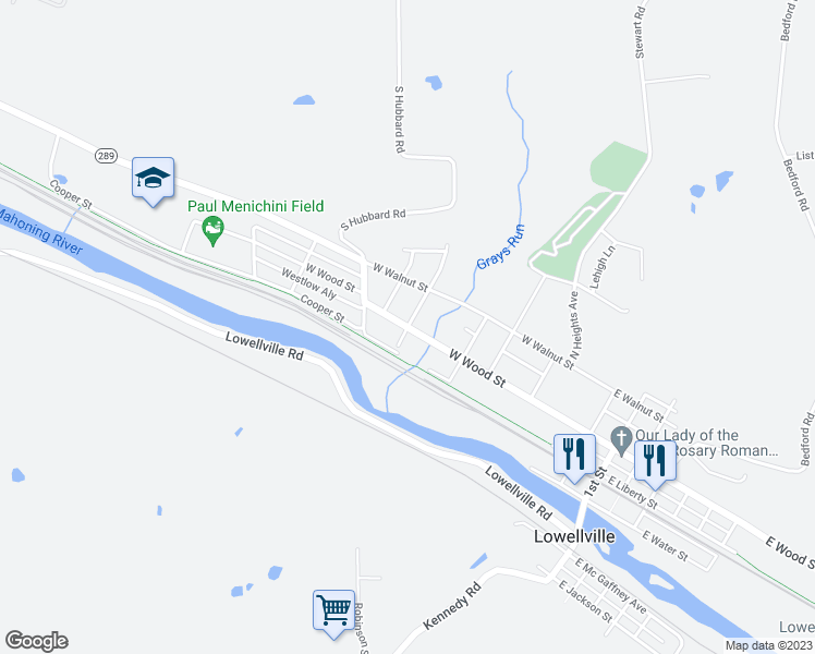 map of restaurants, bars, coffee shops, grocery stores, and more near 199 Park Avenue in Lowellville