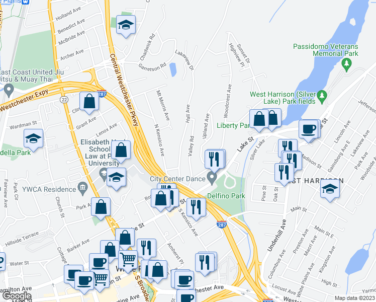 map of restaurants, bars, coffee shops, grocery stores, and more near 51 Valley Road in White Plains