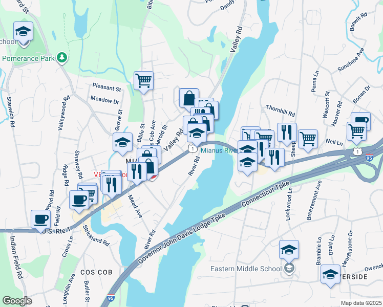 map of restaurants, bars, coffee shops, grocery stores, and more near 535 East Putnam Avenue in Greenwich